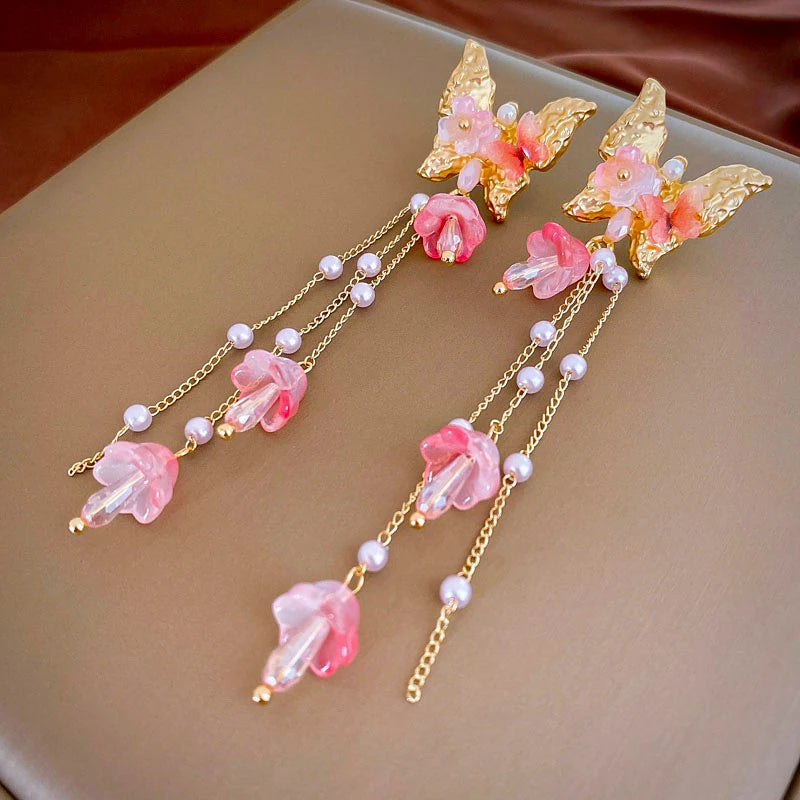 Pink Butterfly Tassel Earrings - Sparkly Crystal Drop Earrings