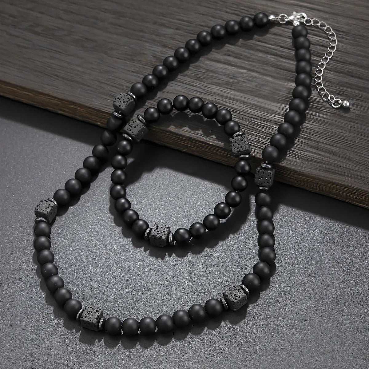 Men's 8mm Natural Matte Black Onyx & Lava Stone Bracelet & Necklace Set