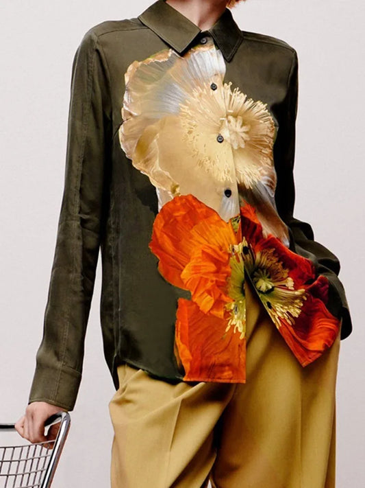 Elegant Long Sleeves Loose Floral Printed Urban Casual Office Blouse