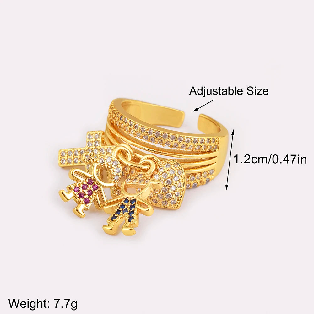 Women's Gold Plated Family Charm Ring – Adjustable