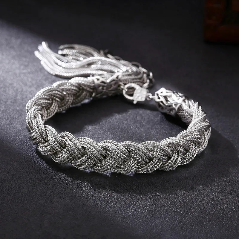 S925 Sterling Silver Bracelets for Men Women Hand Woven 10mm Twist Weaven-chain Argentum Punk Jewelry