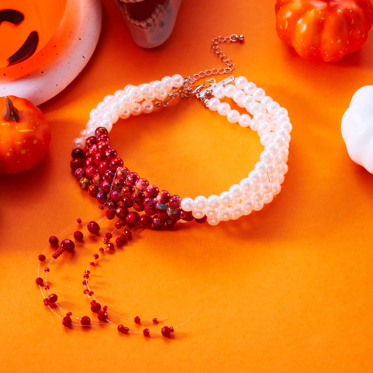 Halloween Faux Pearl Choker – Red Beaded Drops