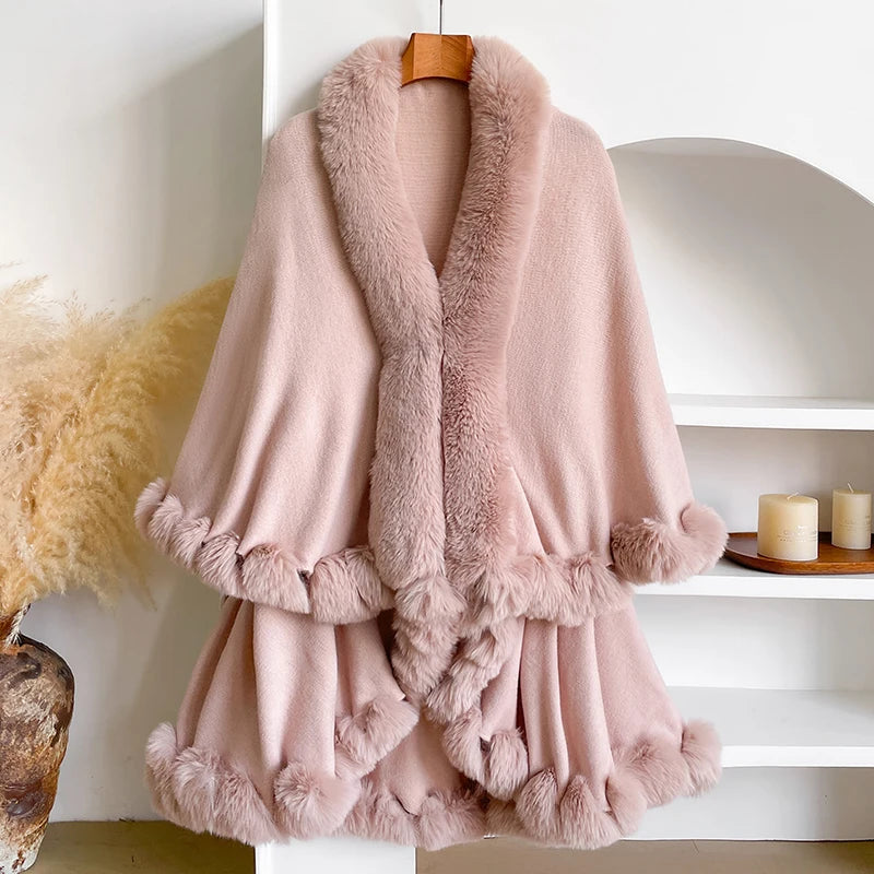 Winter New Thicken Mink Wool Full Trims Faux Fur Cape - Women's Hooded Loose Fleece Cloak Coat for Party Dress Wraps Warm