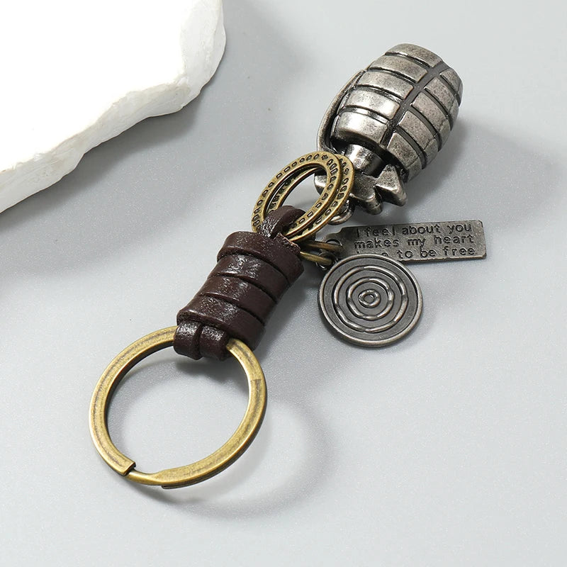 Grenade Pendant Leather Keychain — Vintage Sentiment Tag | Men's Accessory