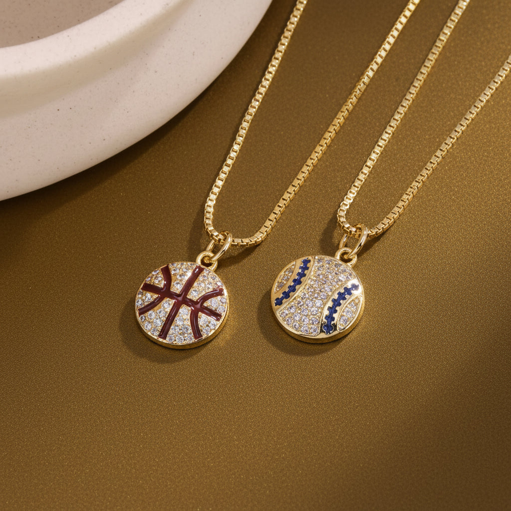 Sport Ball Cross Charm Pendant Necklace with Zircon – Baseball, Basketball & Rugby