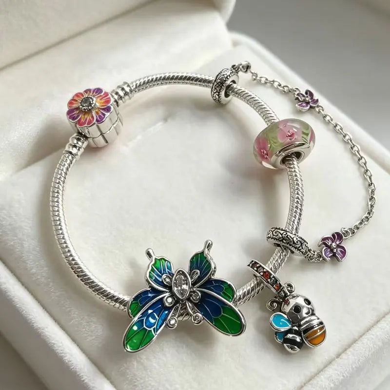 Charms Plants & Insects Flower Bee Butterfly Beads Bracelet Pendant Set Fine 925 Sterling Silver Jewelry Gift Box For Women