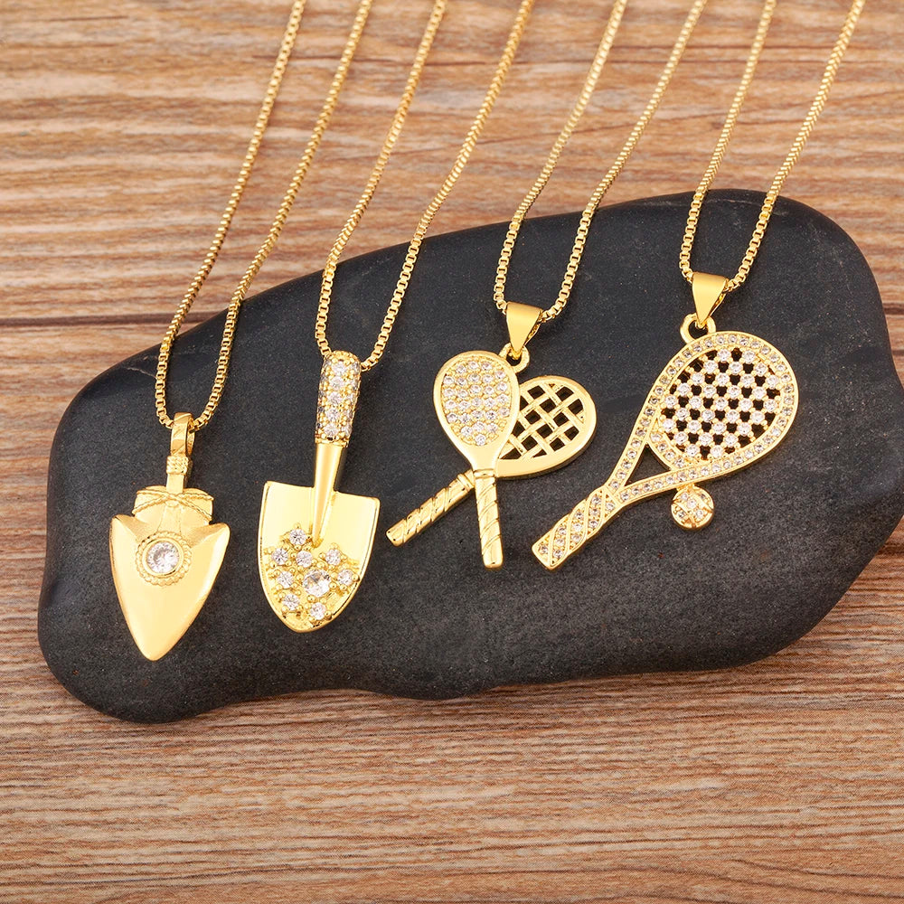 Gold Shovel Charm Pendant Necklace with Crystal Zircon