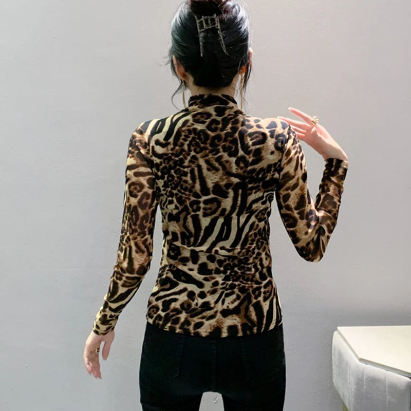 Fall Winter European Clothes Office T-Shirt Fashion Sexy Turtleneck Print Leopard Women's Tops Long Sleeve Tees 39217