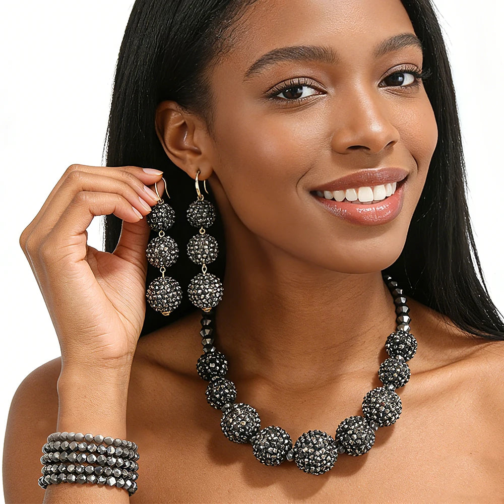 3-Piece Gunmetal Crystal Ball Jewelry Set - Chunky Paved Shamballa Ball Necklace, Drop Earrings & Bracelet - Sparkling Formal