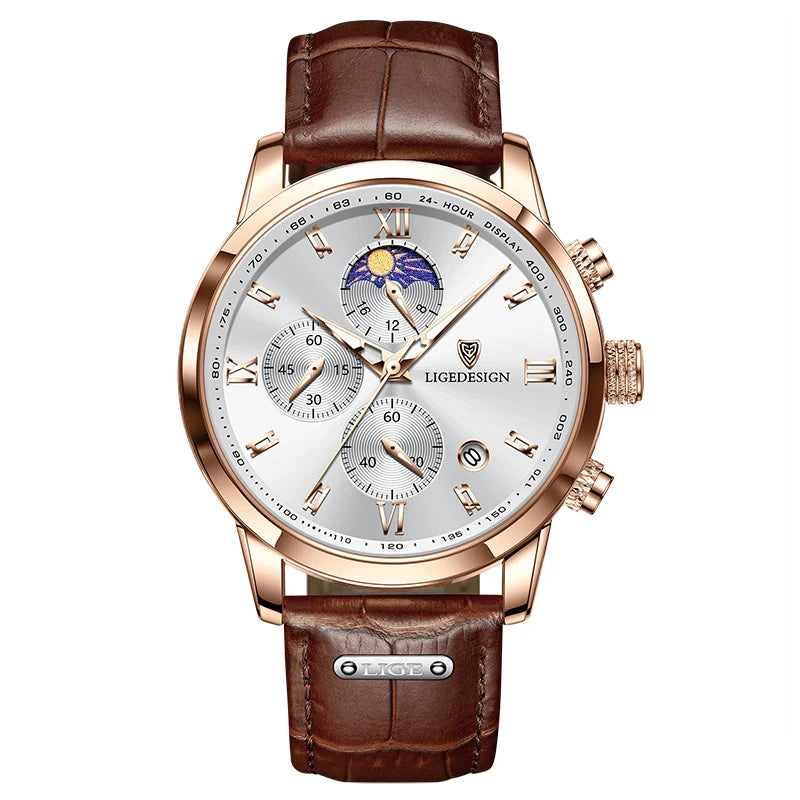LIGE Men's Luxury Chronograph Watch | Moon Phase | Leather Band | Quartz Movement