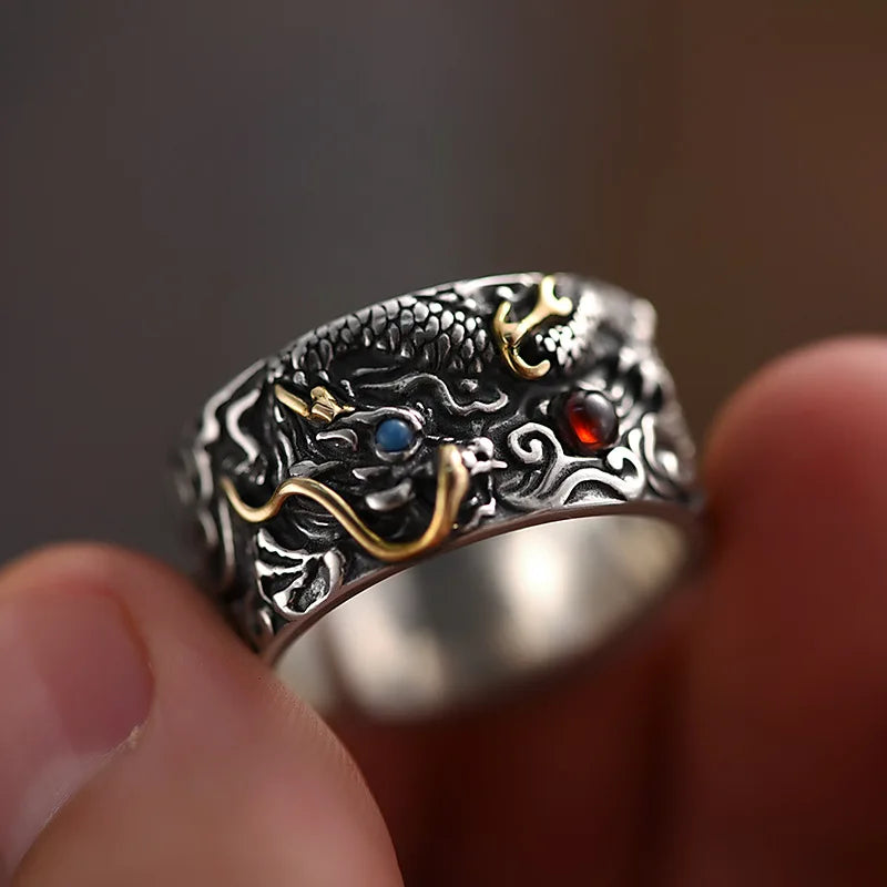 Classic Vintage Style Dragon Silver Ring Turquoise Onyx Open Adjustable Rings