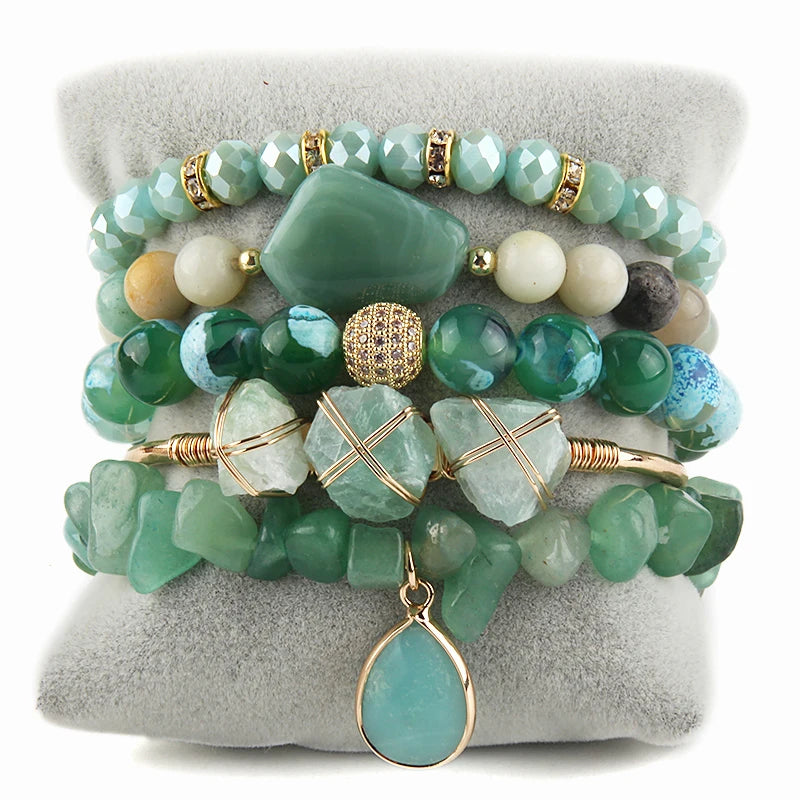 Natural Stone Beaded Bracelet Set - 5 Piece Bohemian Stack