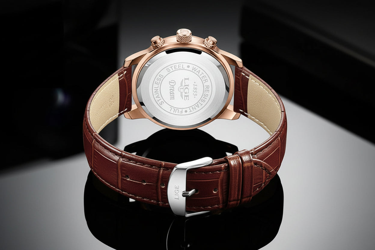 LIGE Men's Luxury Chronograph Watch | Moon Phase | Leather Band | Quartz Movement