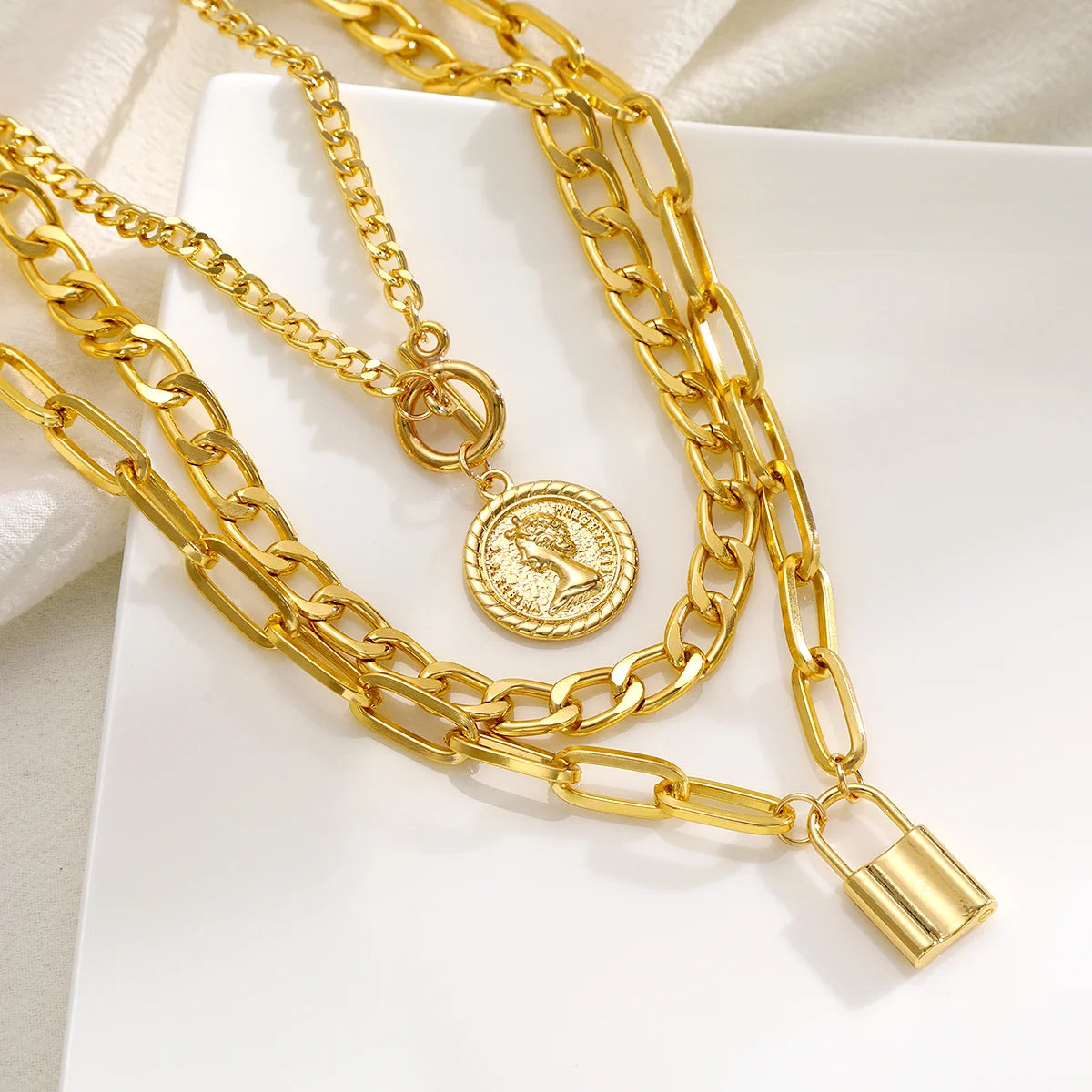 Women's 3-Piece Layered Gold Chain Necklace Set | Lock, Coin & Link Pendant