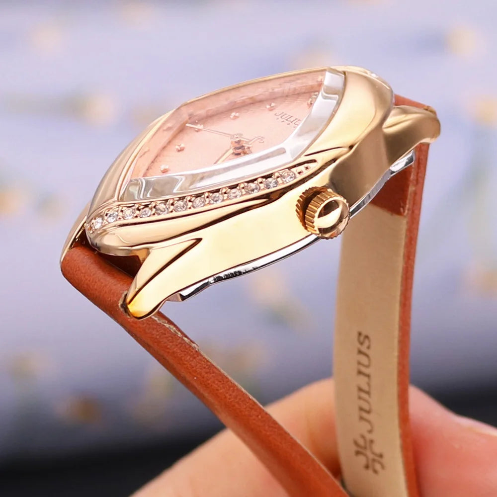 JULIUS Women's Elegant Rhinestone Watch | Real Leather Band | Japanese Quartz | Gift Box