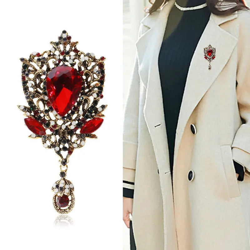 Women's Retro Crystal Teardrop Brooch – Rhinestone Pendant Pin