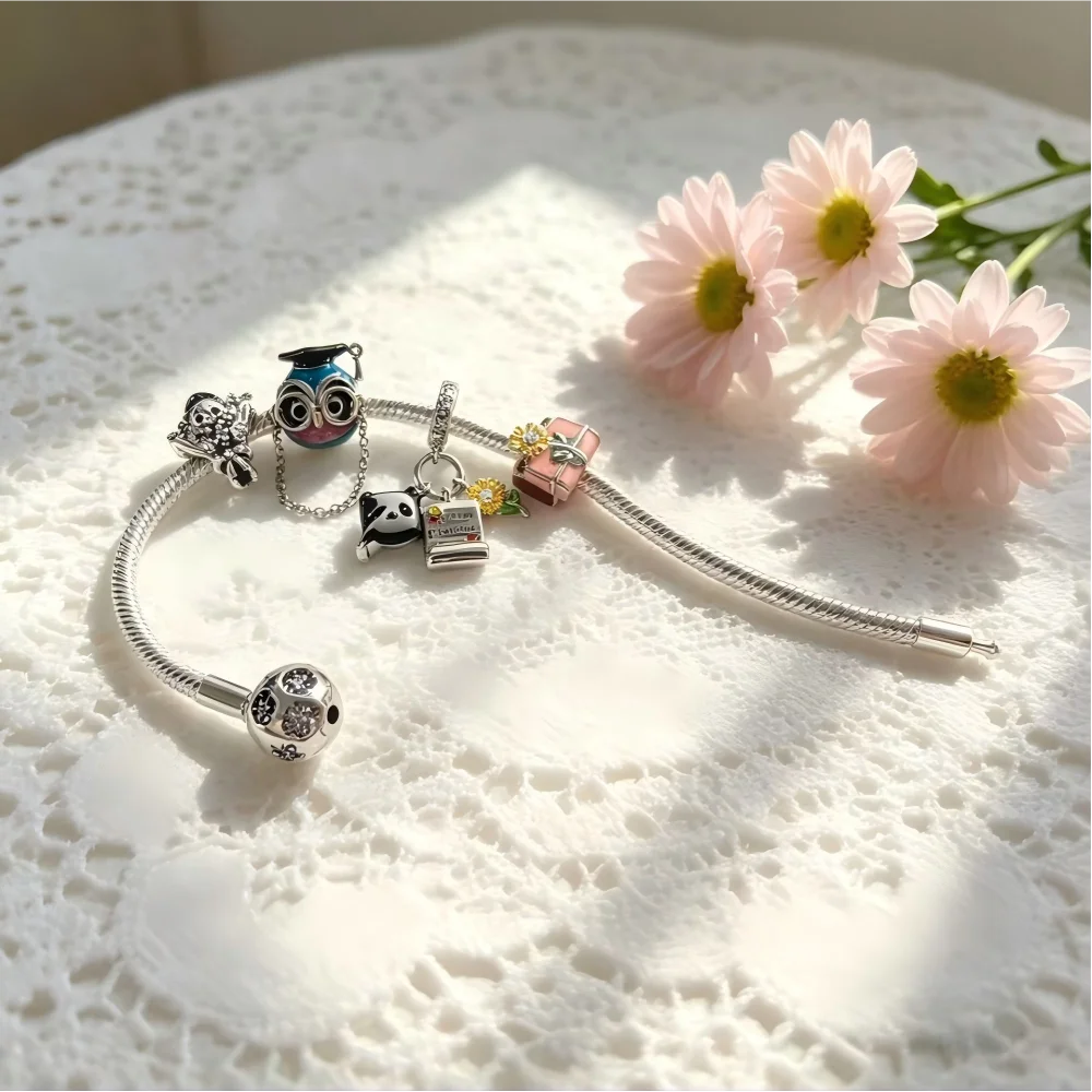 925 Silver Owl Flower Graduation Cap Bouquet Beads Charms Pendant Fit Snake Chain Flower Bracelet DIY Fine Jewelry Gift with Box