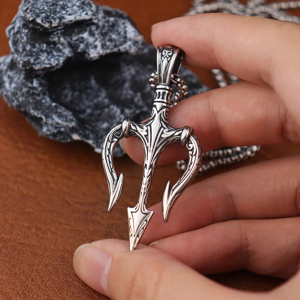 Poseidon's Trident Pendant - Stainless Steel Viking Warrior Necklace