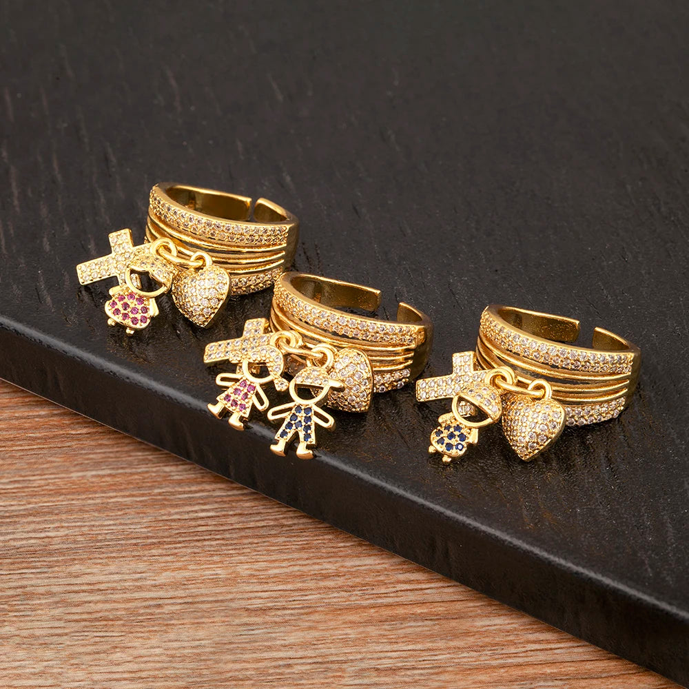 Women's Gold Plated Family Charm Ring – Adjustable