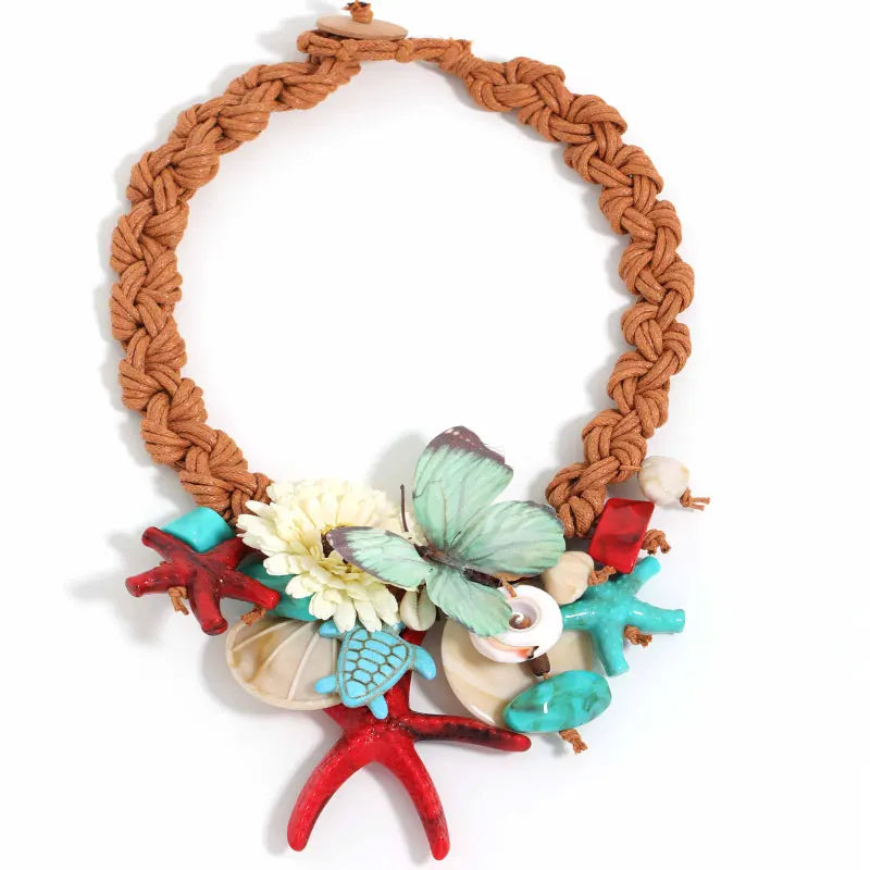 Statement Boho Simulation Starfish Sea Turtle Butterfly Exaggerated Necklace for Women Trendy Wedding Party Jewelry