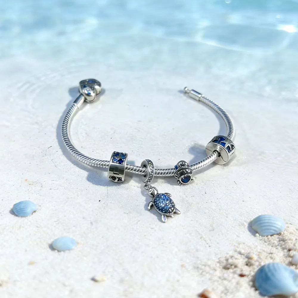 Original 925 Silver Blue Ocean Jewelry Set Shiny Zircon Starfish Turtle Charms Pendant Fit DIY Bracelet Jewelry Gift with Box