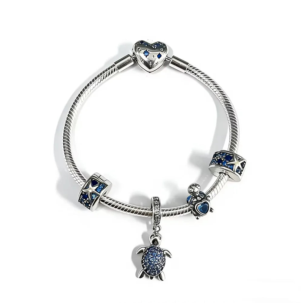 Original 925 Silver Blue Ocean Jewelry Set Shiny Zircon Starfish Turtle Charms Pendant Fit DIY Bracelet Jewelry Gift with Box