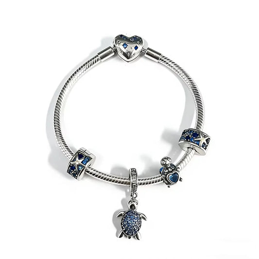 Original 925 Silver Blue Ocean Jewelry Set Shiny Zircon Starfish Turtle Charms Pendant Fit DIY Bracelet Jewelry Gift with Box