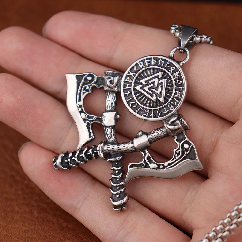 Vintage Domineering Viking Valknut Tomahawk Necklace Stainless Steel Nordic Rune Axe Pendant Scandinavian Male Jewelry Wholesale