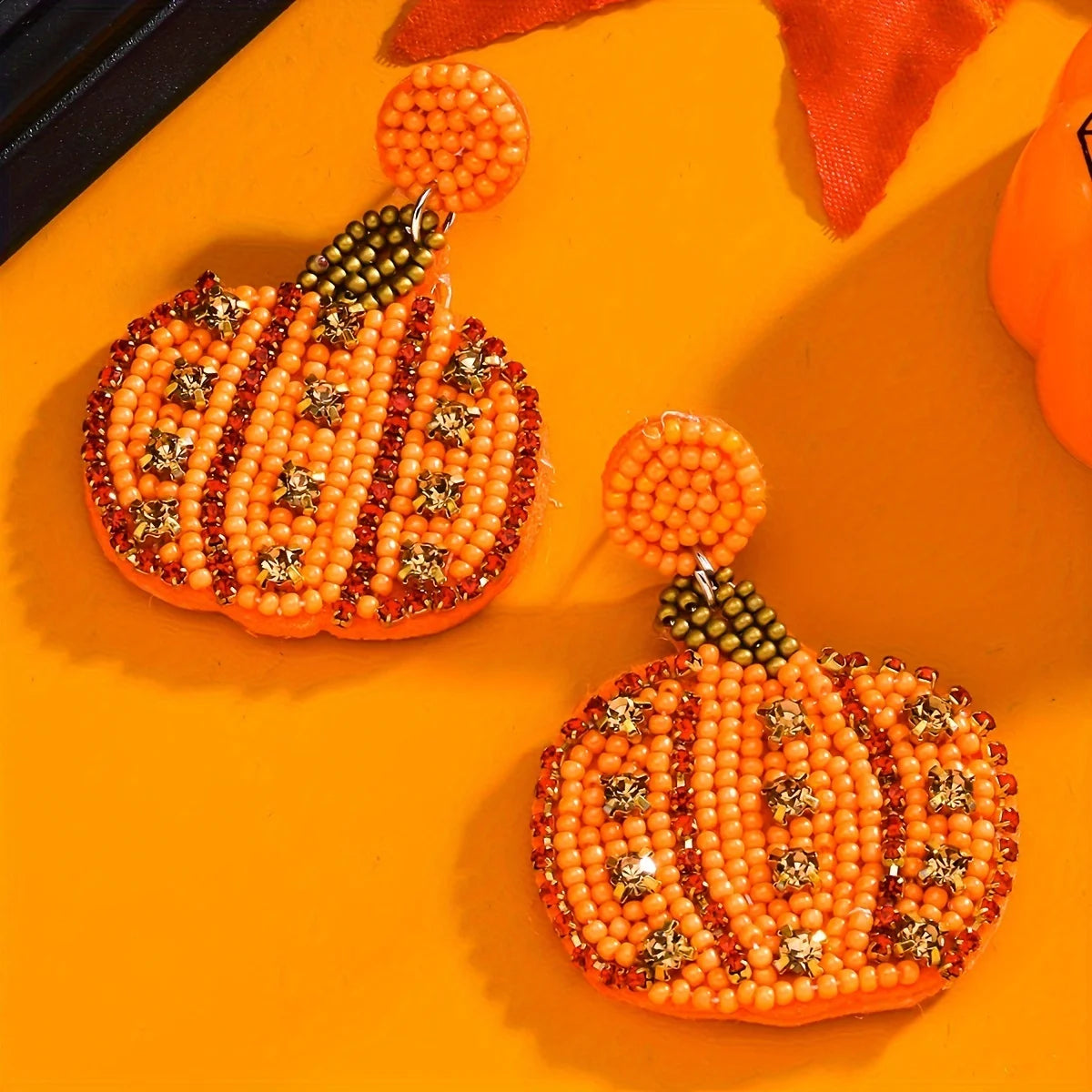 Bohemian Handmade Beaded Rhinestone Pumpkin Earrings,Thanksgiving Halloween Cute Rice Bead Party Women Accessories