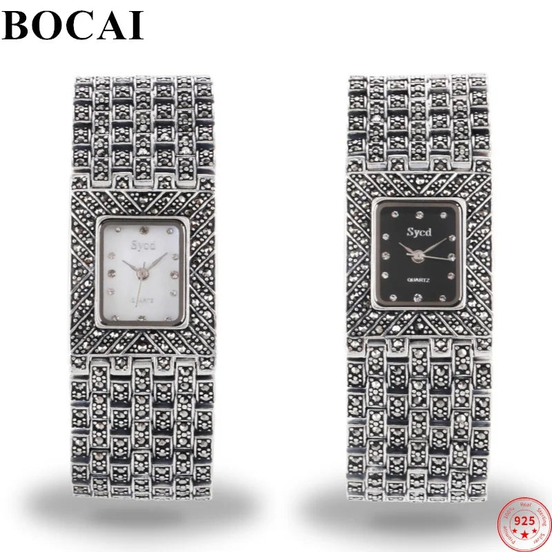 BOCAI S925 Sterling Silver Bracelets for Women Men New Fashion Vintage Mosaic Stone Watchstrap Square Wristwatch Free Shipping