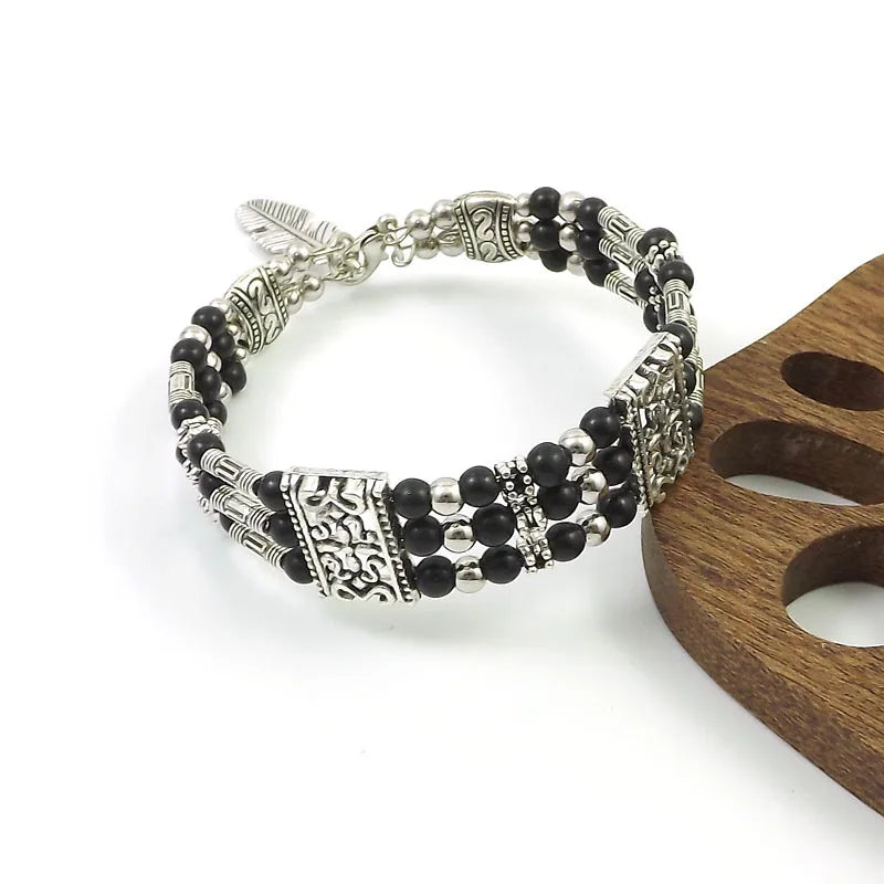 Natural Stone Feather Charm Bracelet - Bohemian Beaded Bracelet