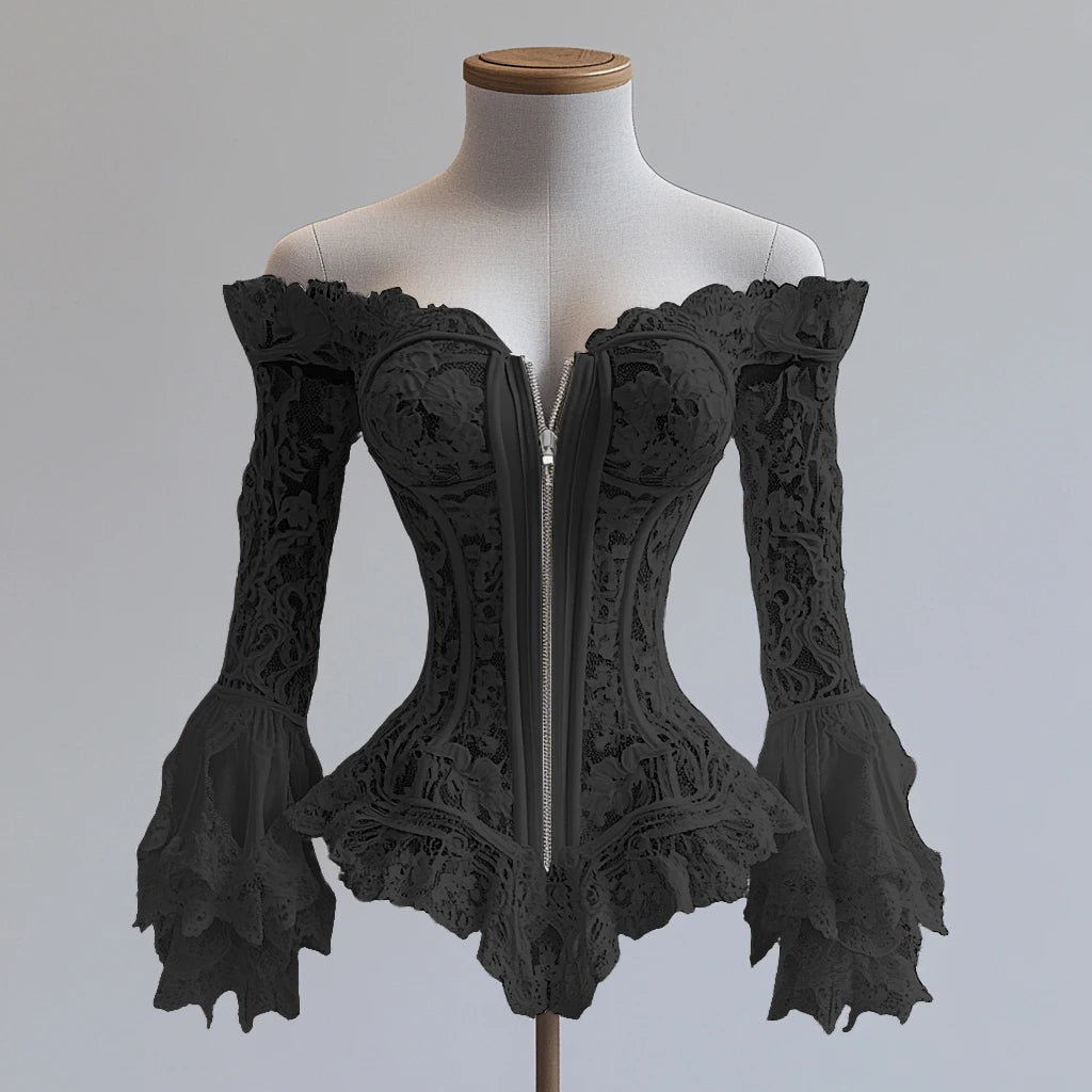 Off Shoulder Lace Blouse Flare Sleeve Zipper Fly Solid Elegant Chic Sexy Hollow Out Long Sleeve Tops Irregular Hem Top