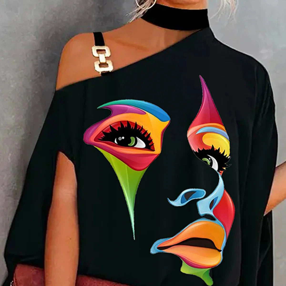 Female Stylish Face Printed Asymmetric One Shoulder Tunic Tops Loose Casual Black T-Shirts For Women