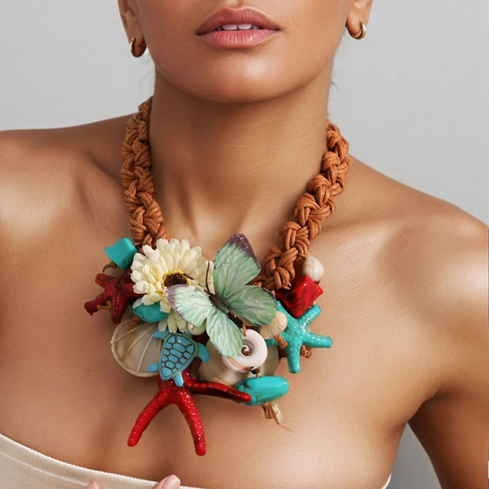 Statement Boho Simulation Starfish Sea Turtle Butterfly Exaggerated Necklace for Women Trendy Wedding Party Jewelry