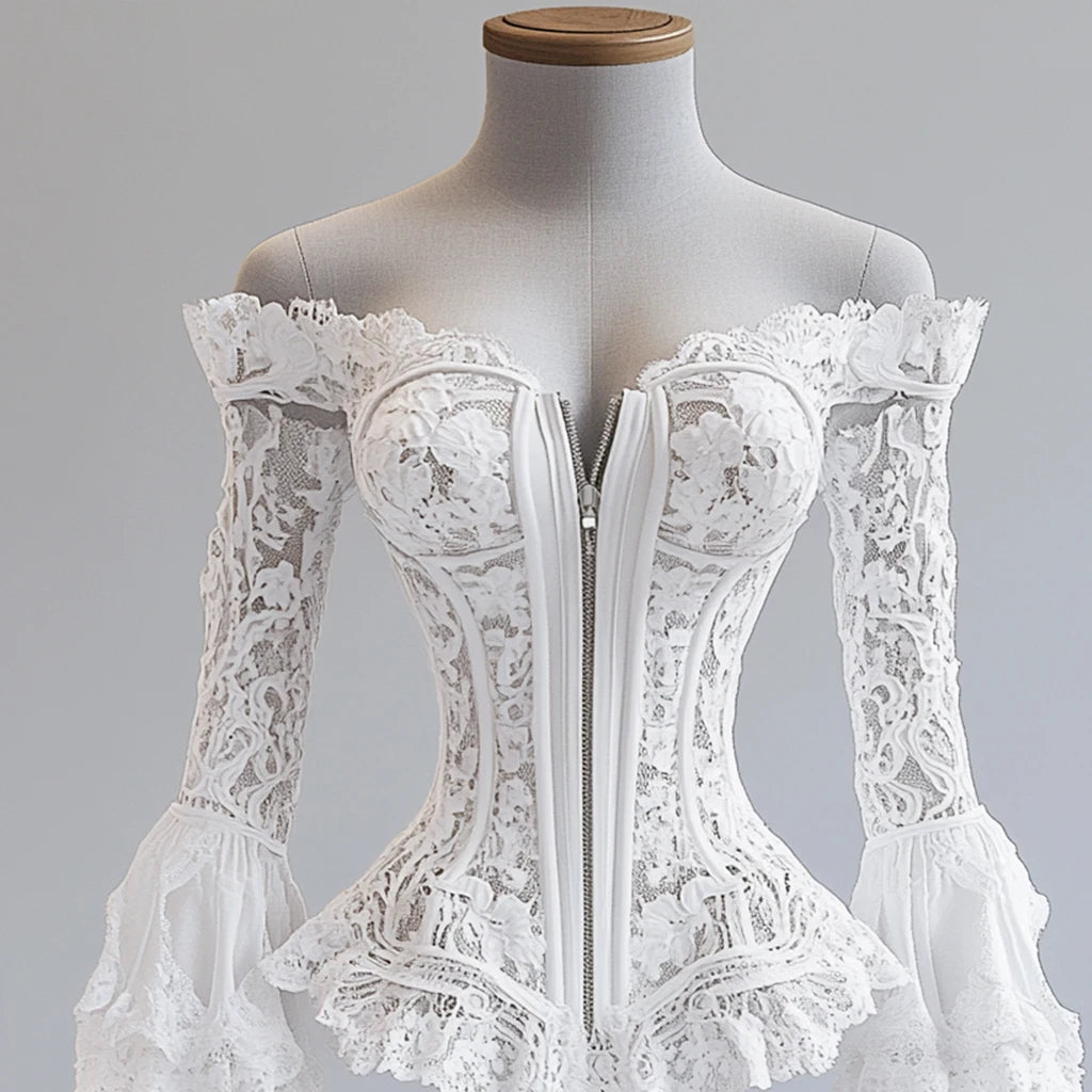 Off Shoulder Lace Blouse Flare Sleeve Zipper Fly Solid Elegant Chic Sexy Hollow Out Long Sleeve Tops Irregular Hem Top