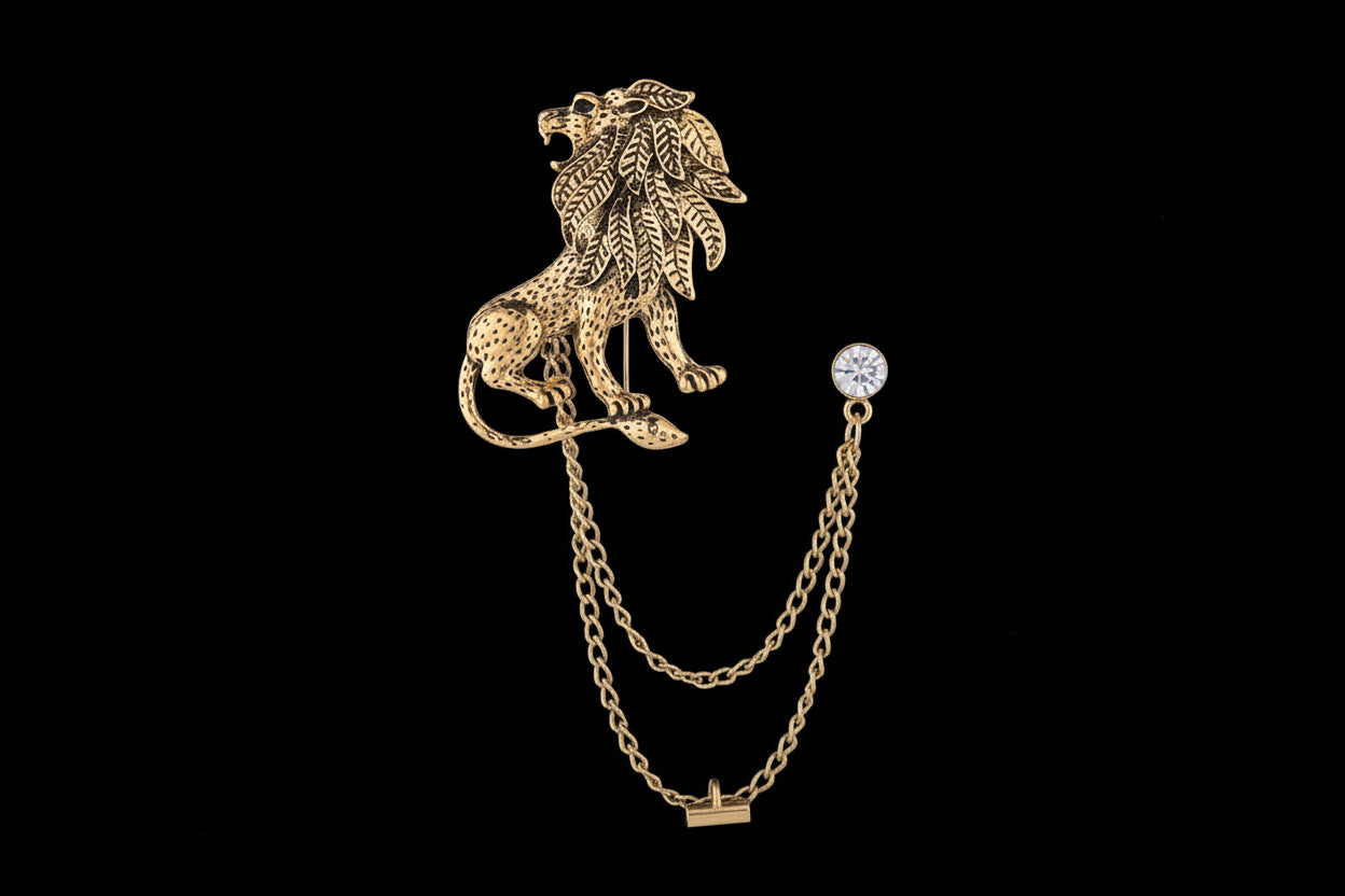 Men's Crystal Lion Brooch with Double Tassel Chain – Suit Lapel Pin
