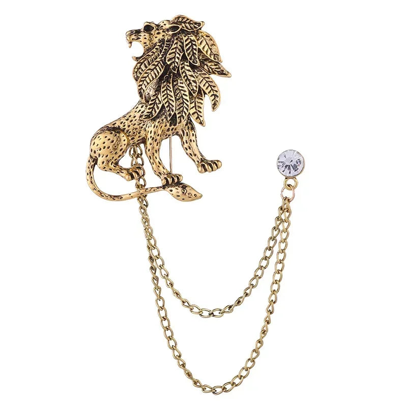 Men's Crystal Lion Brooch with Double Tassel Chain – Suit Lapel Pin
