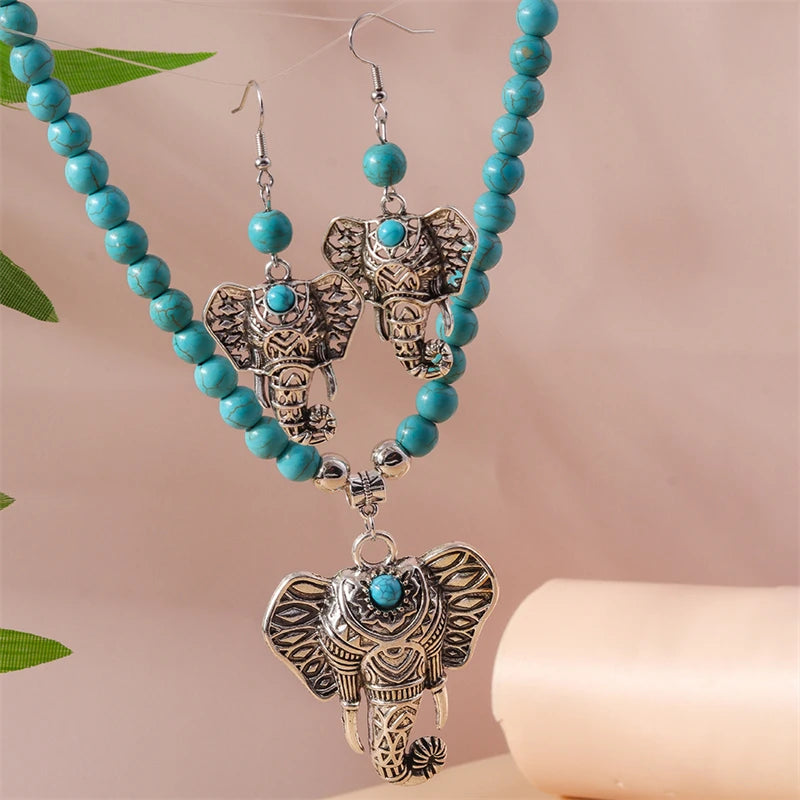 Bohemian Turquoise Elephant Necklace Earrings Set for Women Girls Party Holiday Jewelry Accessories