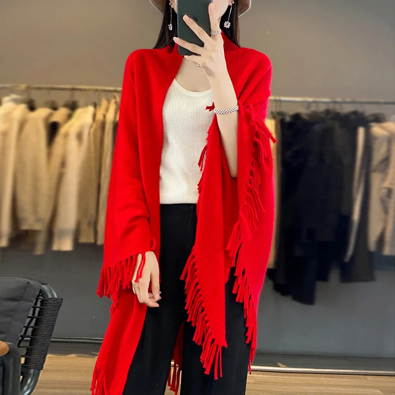 Knitted Cashmere Cardigan 100% Wool Sweater Women's Autumn/Winter New Solid Color Jacket Loose Korean Fashion Knitted Wool Shawl