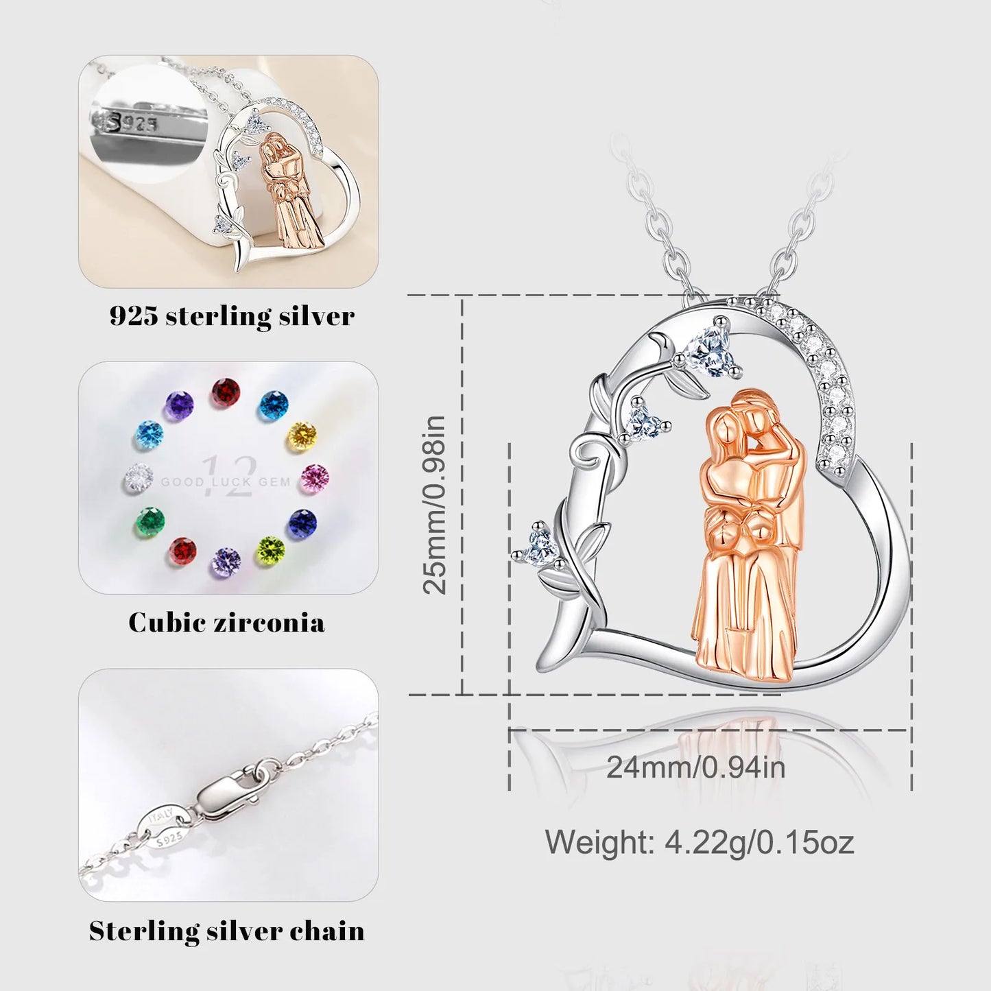 Eudora 925 Sterling Silver Mother and daughter Necklace Fine Mother Kids Family Heart Pendant Trendy Jewelry Mother's Day Gift