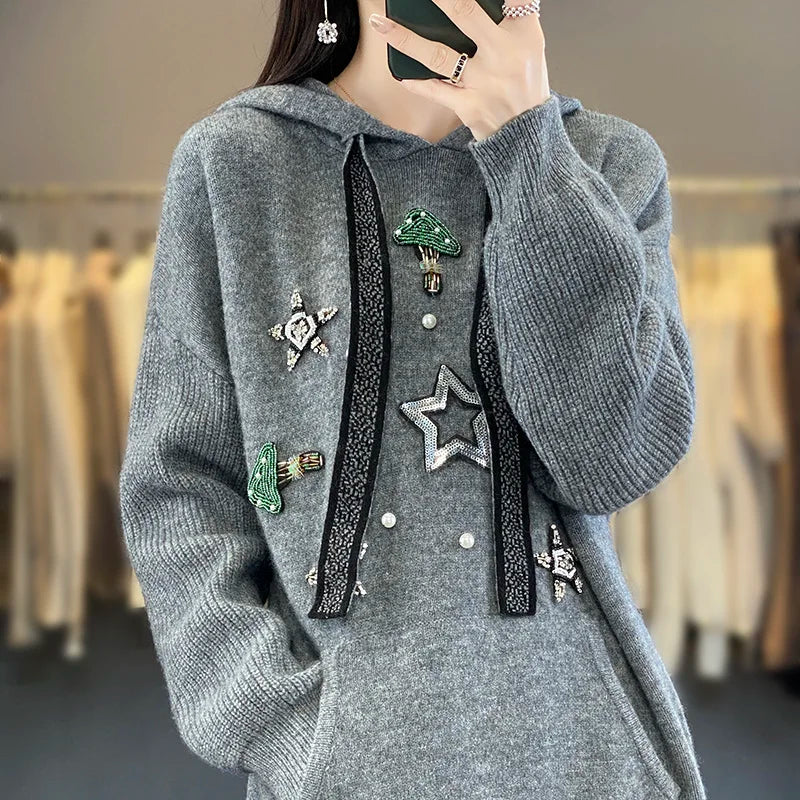 Autumn/Winter New Women's 100% Wool Cashmere Sweater Casual Thickened Hooded Collar Pullover Loose Korean Knitted Top