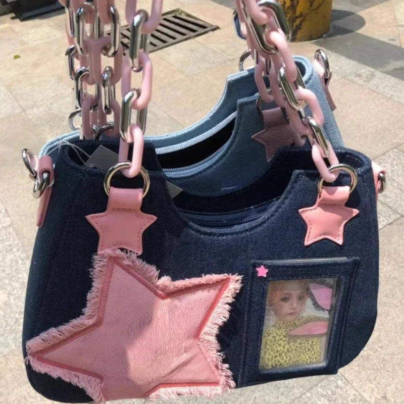 Women's Korean Denim Star Tote Bag – Chain Shoulder & Crossbody Handbag