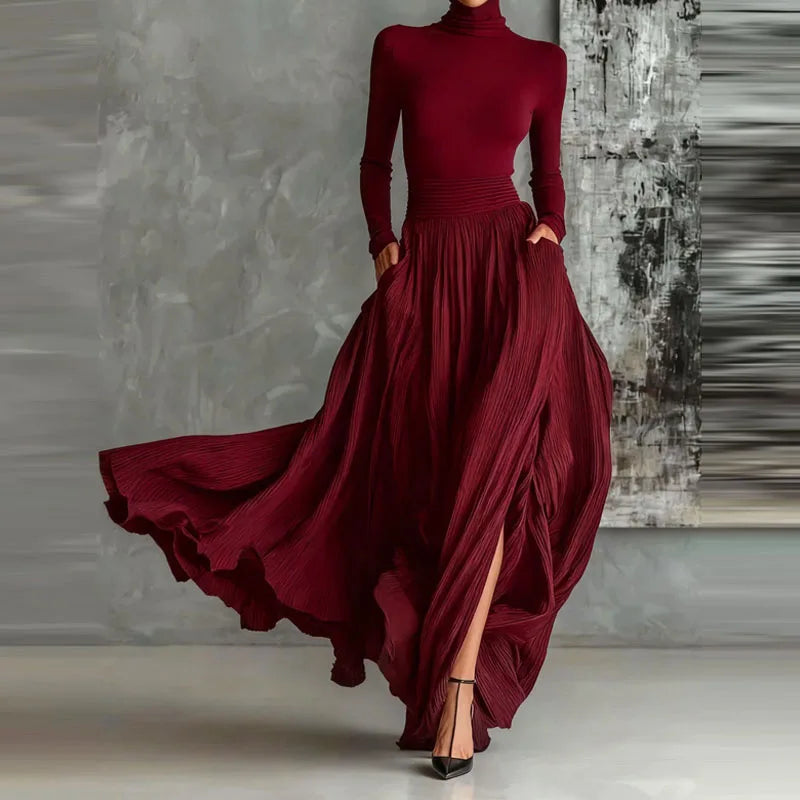 Elegant L/S Casual Turtleneck Pullover & Long Skirt Set with Pocket Solid Skirt