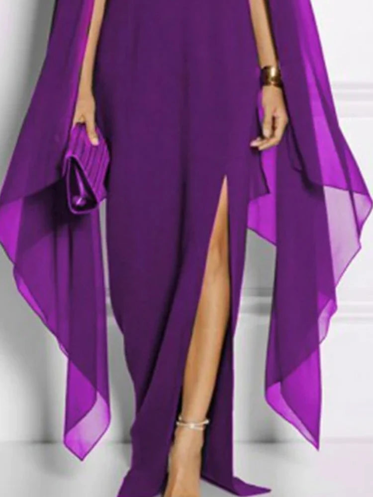 Elegant Cape Sleeves Purple Evening Dresses Solid Color Split-side Party Banquet Dress