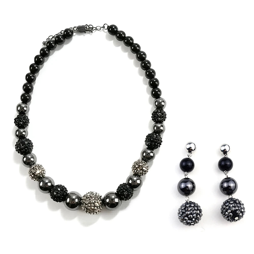 3-Piece Gunmetal Crystal Ball Jewelry Set - Chunky Paved Shamballa Ball Necklace, Drop Earrings & Bracelet - Sparkling Formal