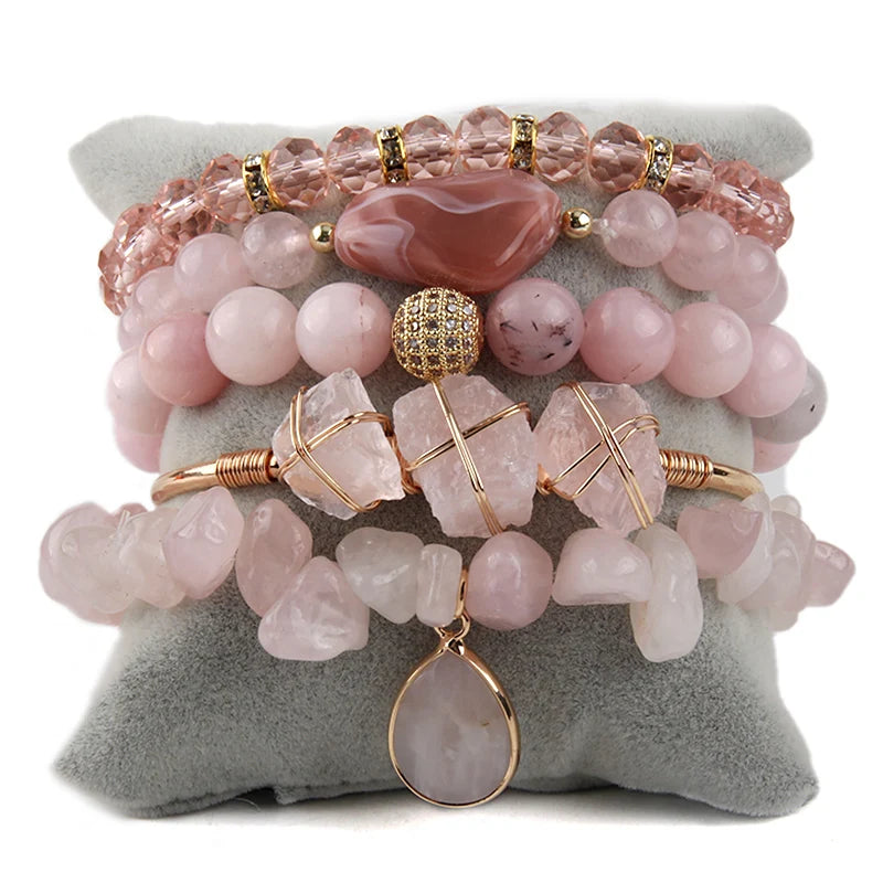 Natural Stone Beaded Bracelet Set - 5 Piece Bohemian Stack