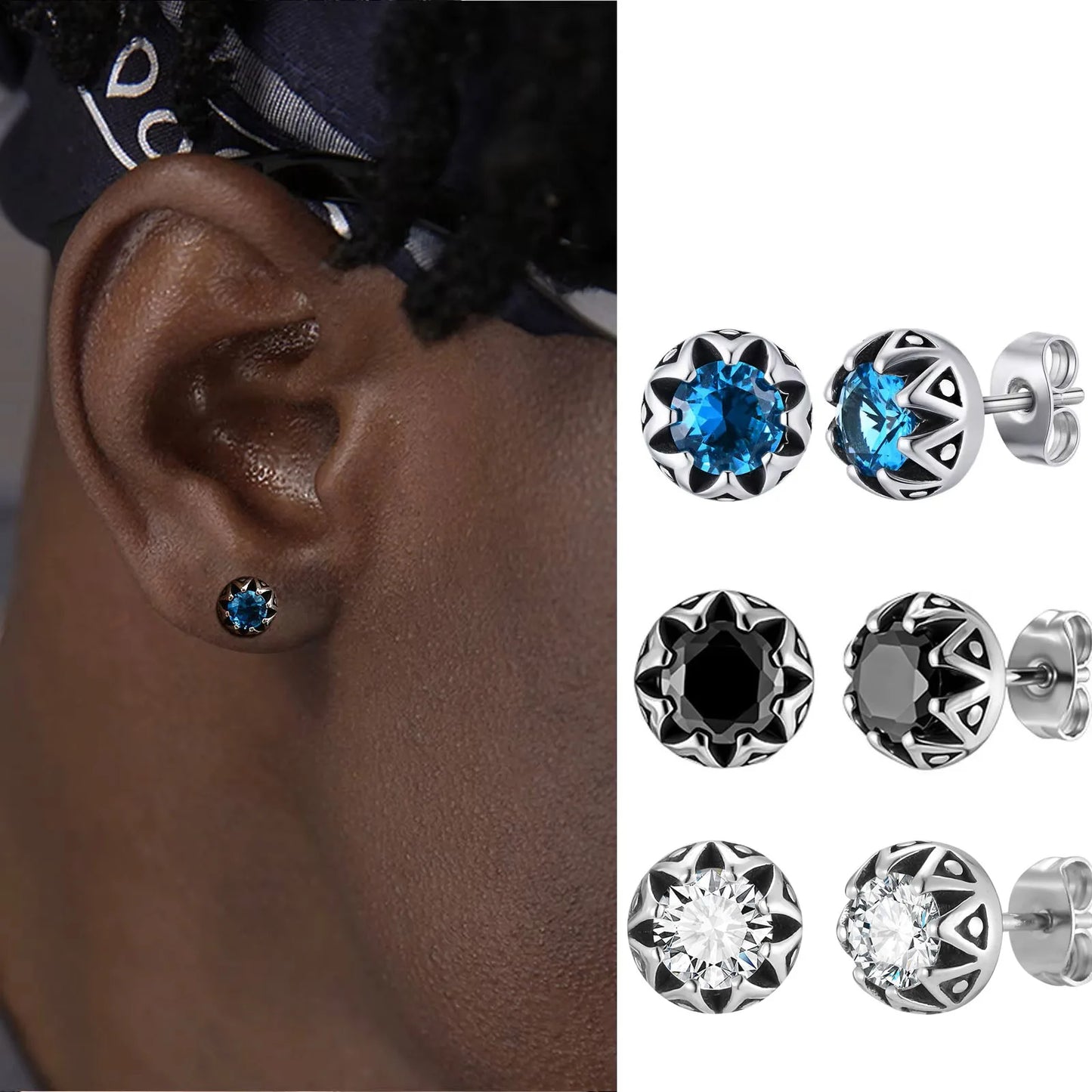 Men's Sea Blue Crystal Stud Earrings – Hypoallergenic Stainless Steel