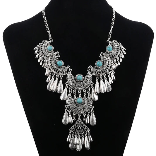 Vintage Ethnic Exaggerated Statement Necklaces Antique Silver Color Carved Water Drop Tassel Necklaces  Boho Jewelry