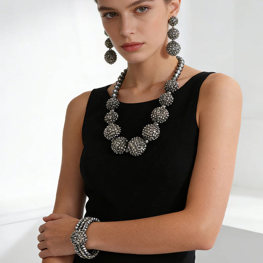 3-Piece Gunmetal Crystal Ball Jewelry Set - Chunky Paved Shamballa Ball Necklace, Drop Earrings & Bracelet - Sparkling Formal