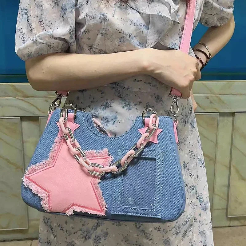 Women's Korean Denim Star Tote Bag – Chain Shoulder & Crossbody Handbag